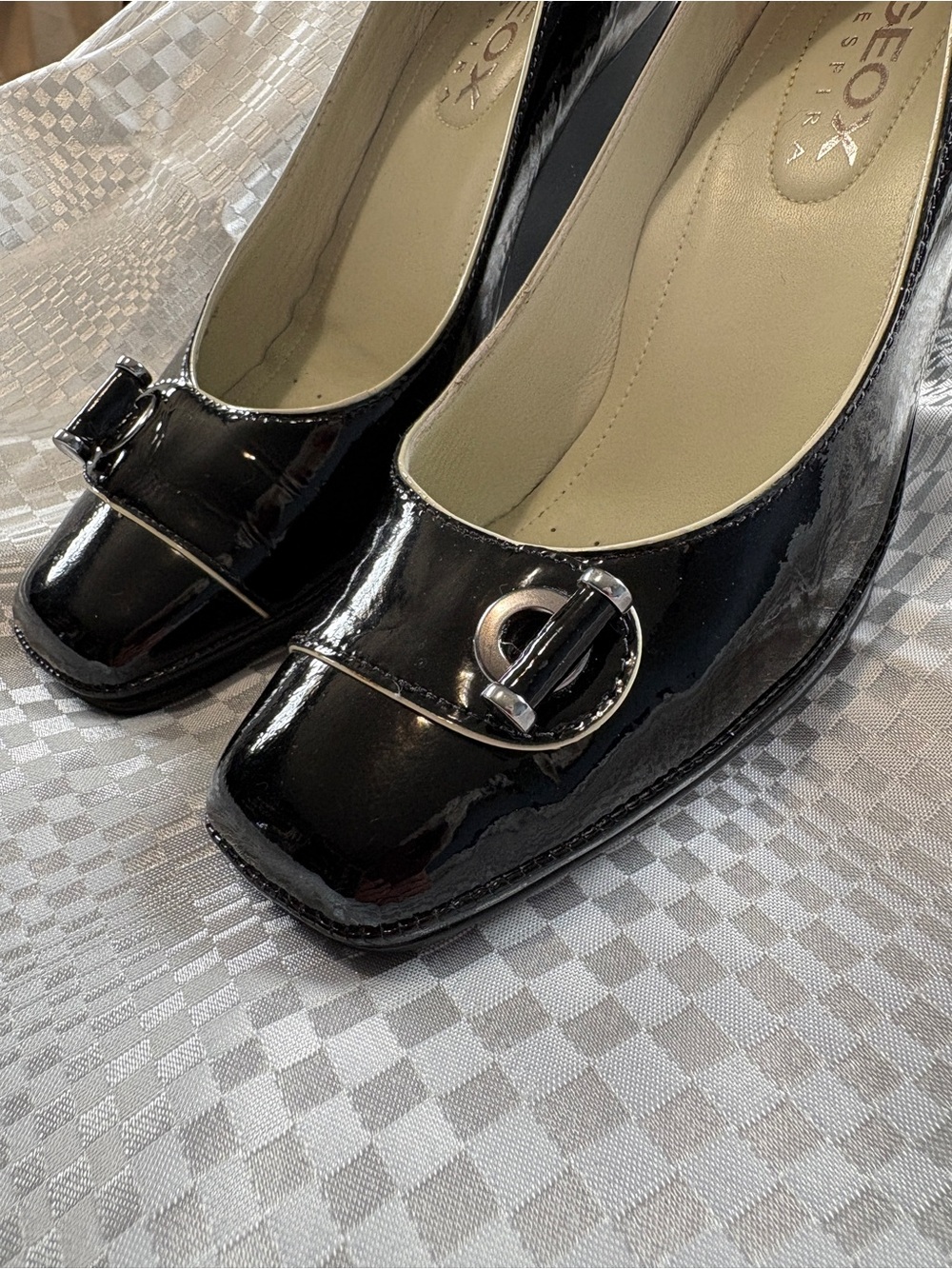 Geox Women's Black Patent Leather Square-Toe Flats with Buckle. 
Perfect shoe.